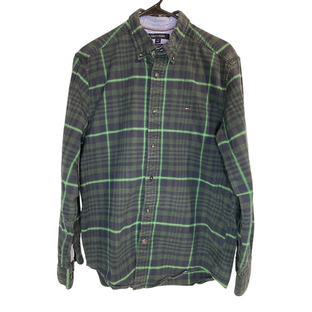 Tommy Hilfiger Mens Button Down Shirt Size M‎ Classic Fit Green Plaid Preppy